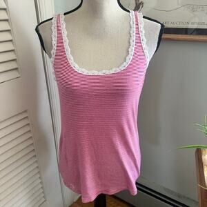 LRL Ralph Lauren Tank Top Womens Mediuim Red Striped Dainty Babydoll Lace Trim